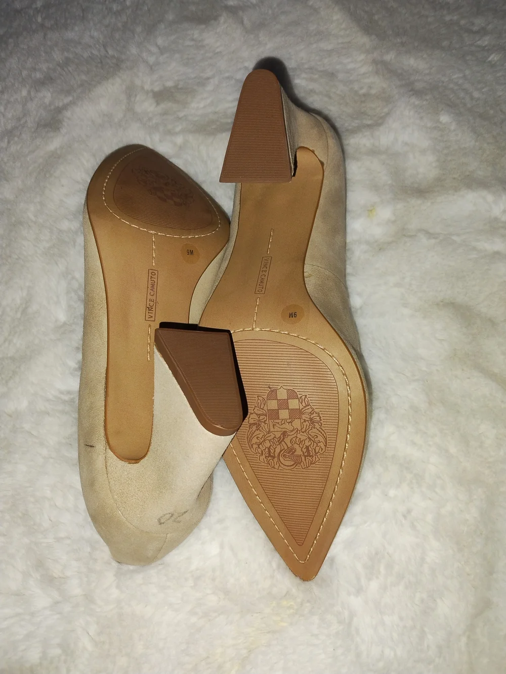 Vince Camuto Tan Suede Pointed Toe Block Heel Pumps